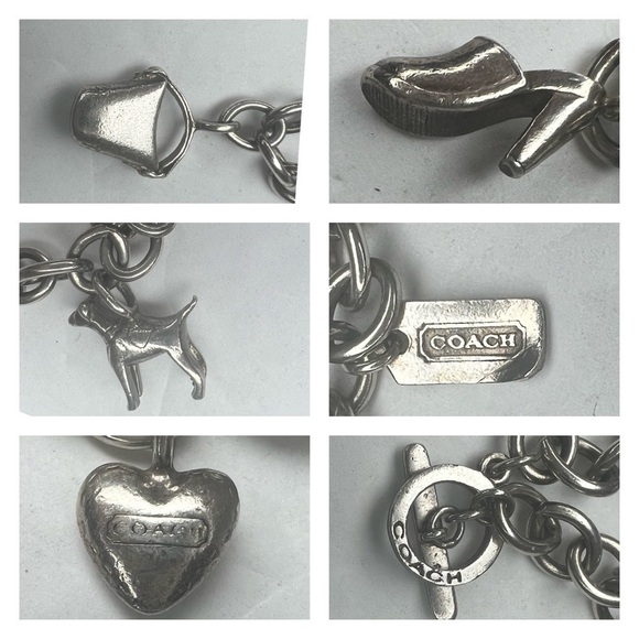 Coach Vintage Sterling Silver Charm Link Toggle Bracelet Dog Pail Heart Shoe - Picture 2 of 5